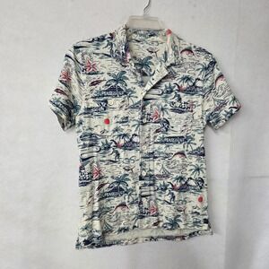 J Crew Loop Collar Shirt Men Slub Cotton Hawaiian Print Short Sleeve Button Up M